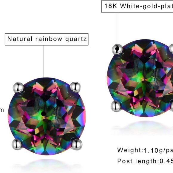 Created Rainbow Quartz Stud Earrings for Women Men 18K White Gold Plated Round/S - Picture 5 of 5